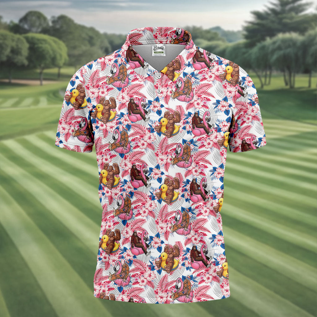 Funny Bigfoot Pool Party Hawaiian Golf Shirt, Red White Blue Tropical Flamingo Golf Shirts For Men