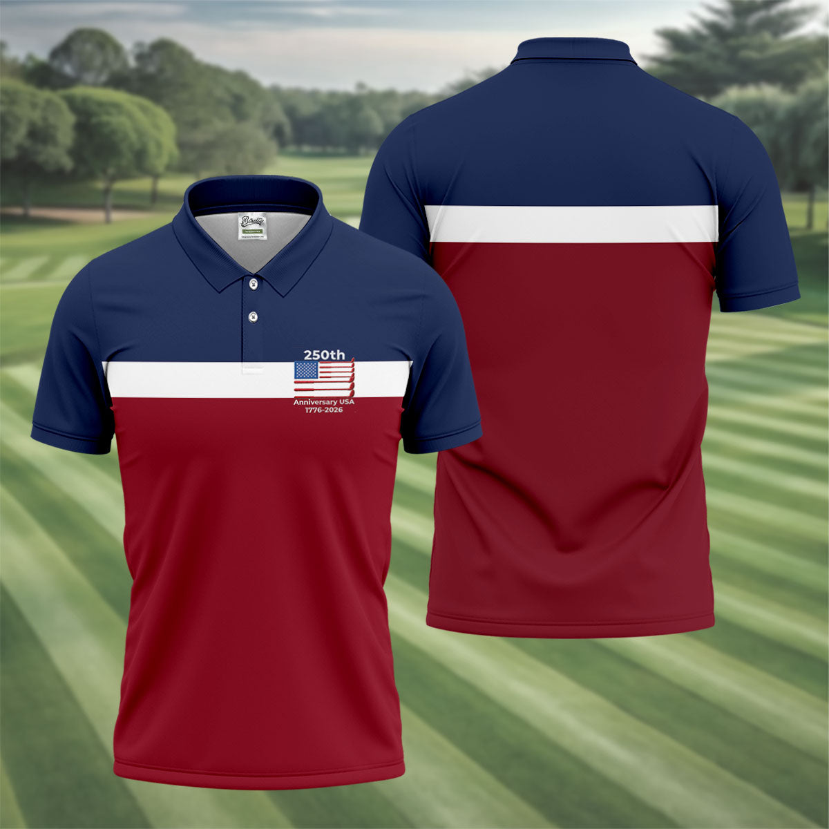 250th Anniversary USA 1776-2026 Red White Blue Printed Golf Tops For Men, 4th Of July Golf Shirts For Men