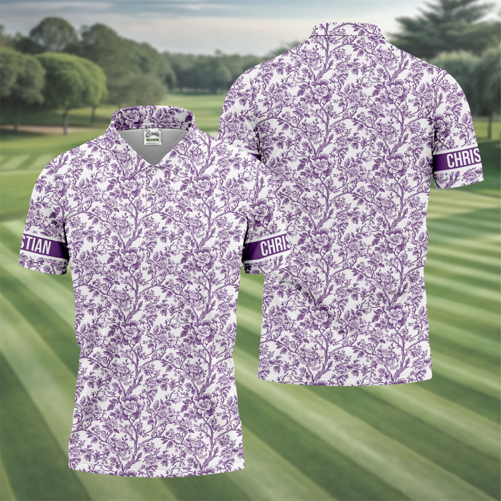 Toile De Jouy Purple Golf Shirt, Golf Tops For Men, Polo Shirts For Men, Golf Gift For Men, Golf Shirts For Men