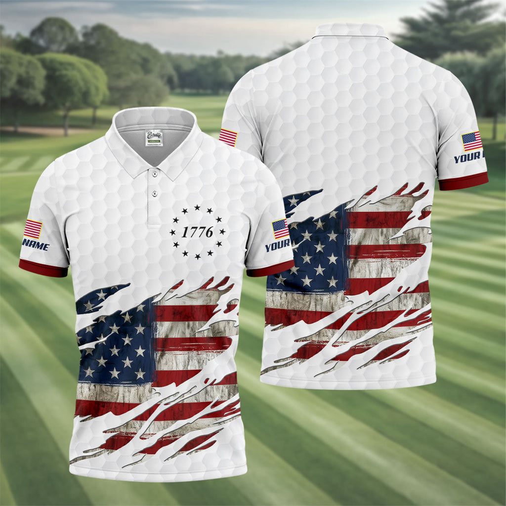 American Flag 1776 Golf Ball Pattern Golf Shirts For Men, 250th Anniversary Polo Shirts For Men