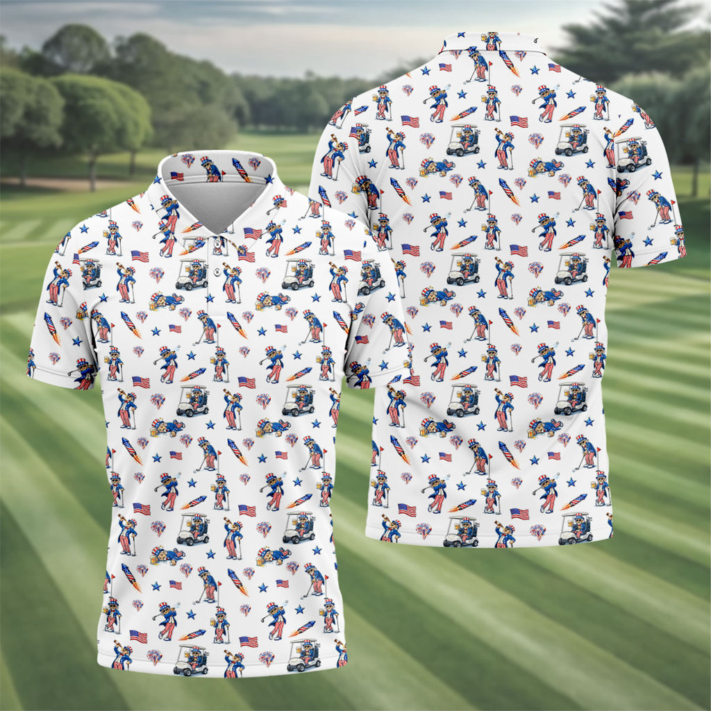 Patriotic Man Golf And Beer Funny 4th Of July White Golf Shirt, 250 Years Seamless Pattern Golf Shirts For Men