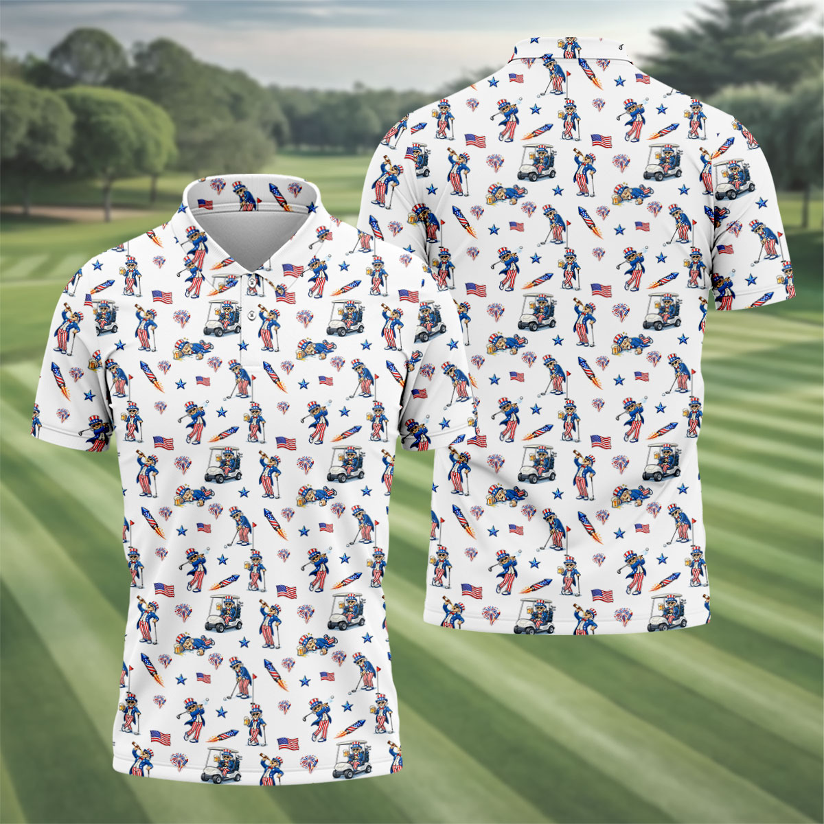 Patriotic Man Golf And Beer Funny 4th Of July White Golf Shirt, 250 Years Seamless Pattern Golf Shirts For Men