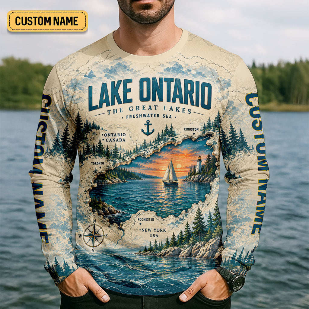 Custom Lake Ontario Great Lakes Fishing UPF Shirt, Fishing Sun Shirt, Mens Fishing Apparel