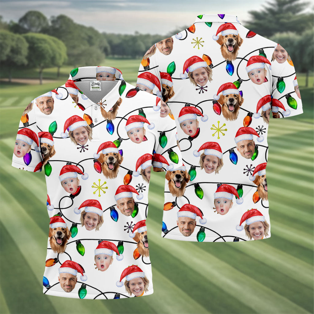 Custom Family Portrait Christmas Lights Pattern Men's Golf Polo Shirts, Christmas Golf Shirt, Golf Gift For Men
