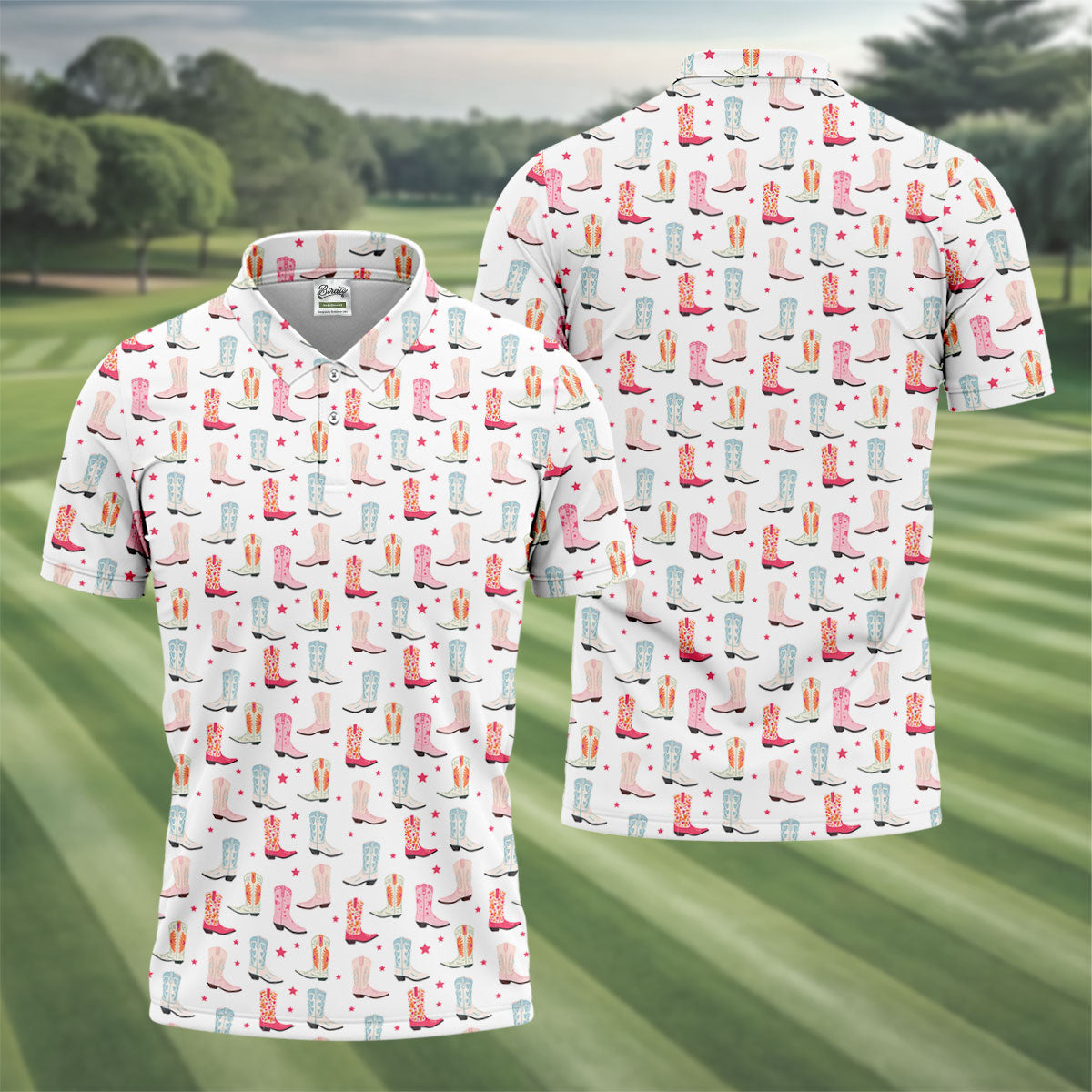 Western Boot Pattern Pastel Shades Retro Golf Shirt, Polo Shirts For Men, Golf Shirts For Men