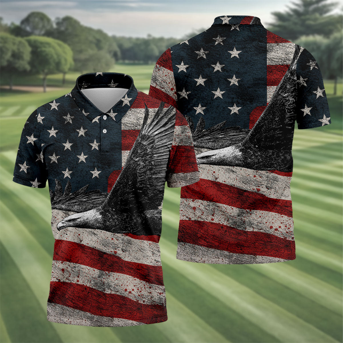 Distressed US Flag And Bald Eagle Patriotic Golf Shirt, 4th Of July 250 Years American Pride Golf Shirts For Men