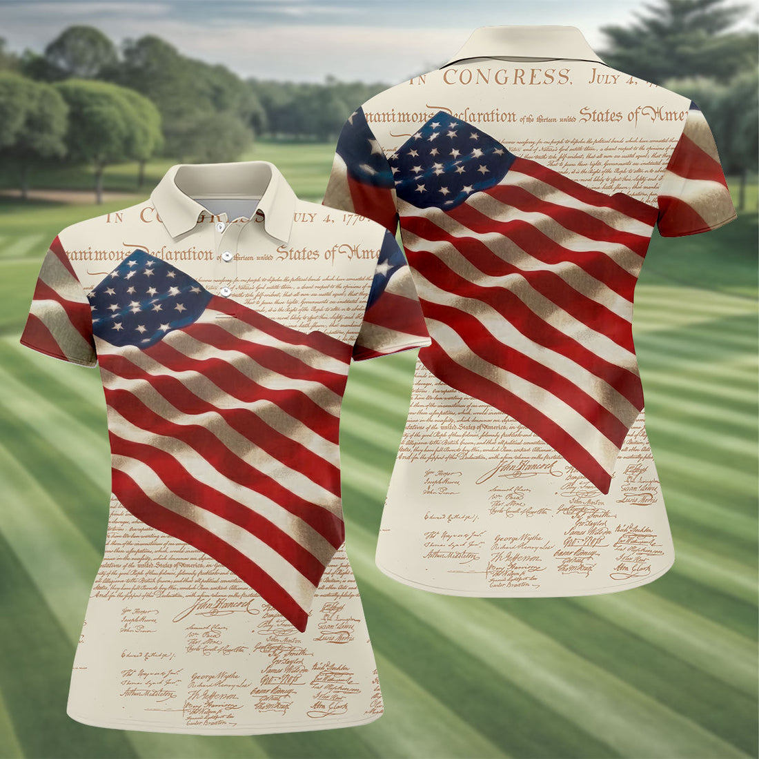 Patriotic American Flag Declaration Of Independence 4th Of July Beige Golf Shirt, 250th Anniversary Ladies Golf Shirts