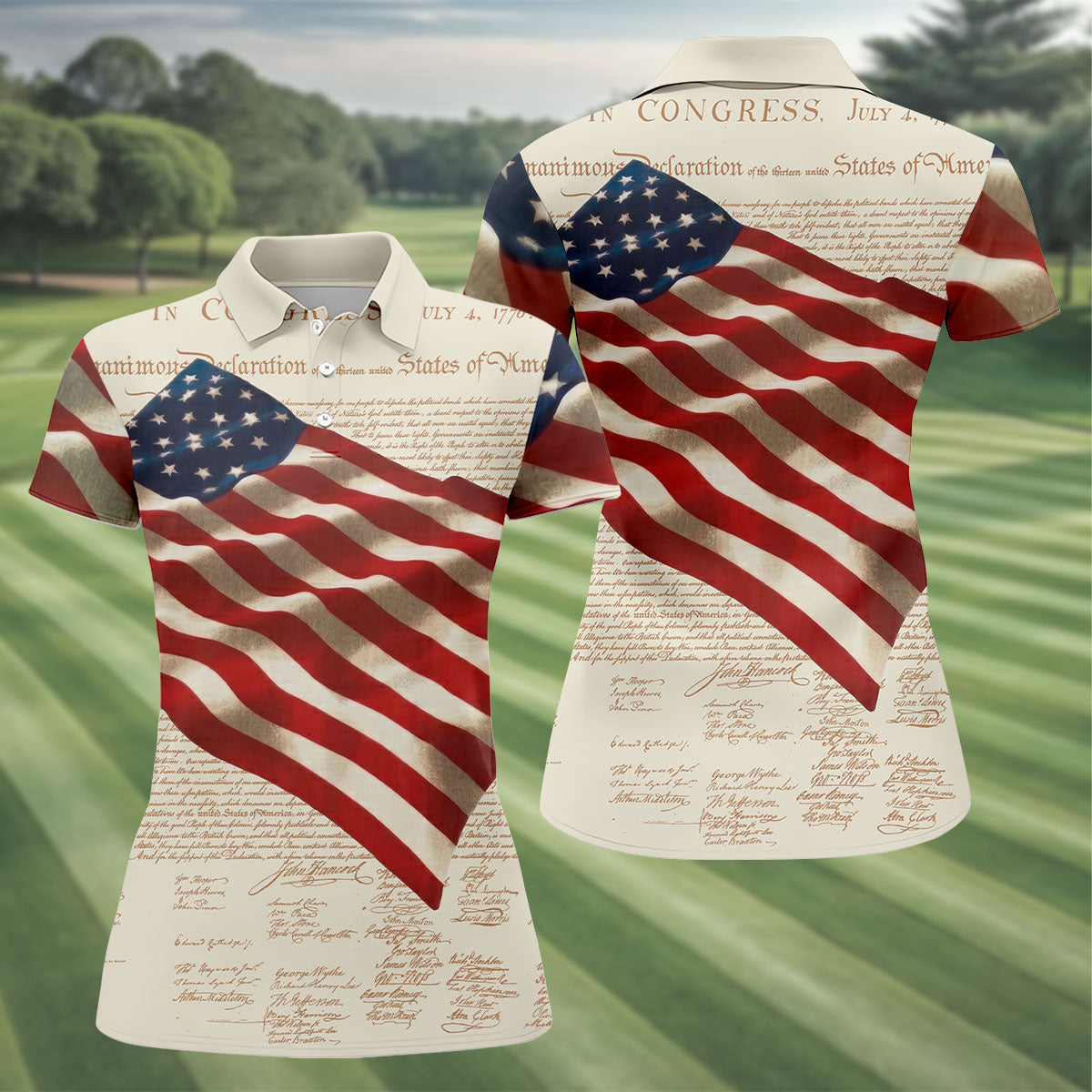 Patriotic American Flag Declaration Of Independence 4th Of July Beige Golf Shirt, 250th Anniversary Ladies Golf Shirts