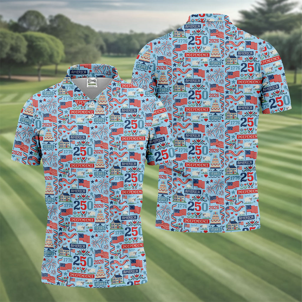 America Independence 250 Years Blue Golf Shirt, Patriotic 4th Of July Golf Shirts For Men