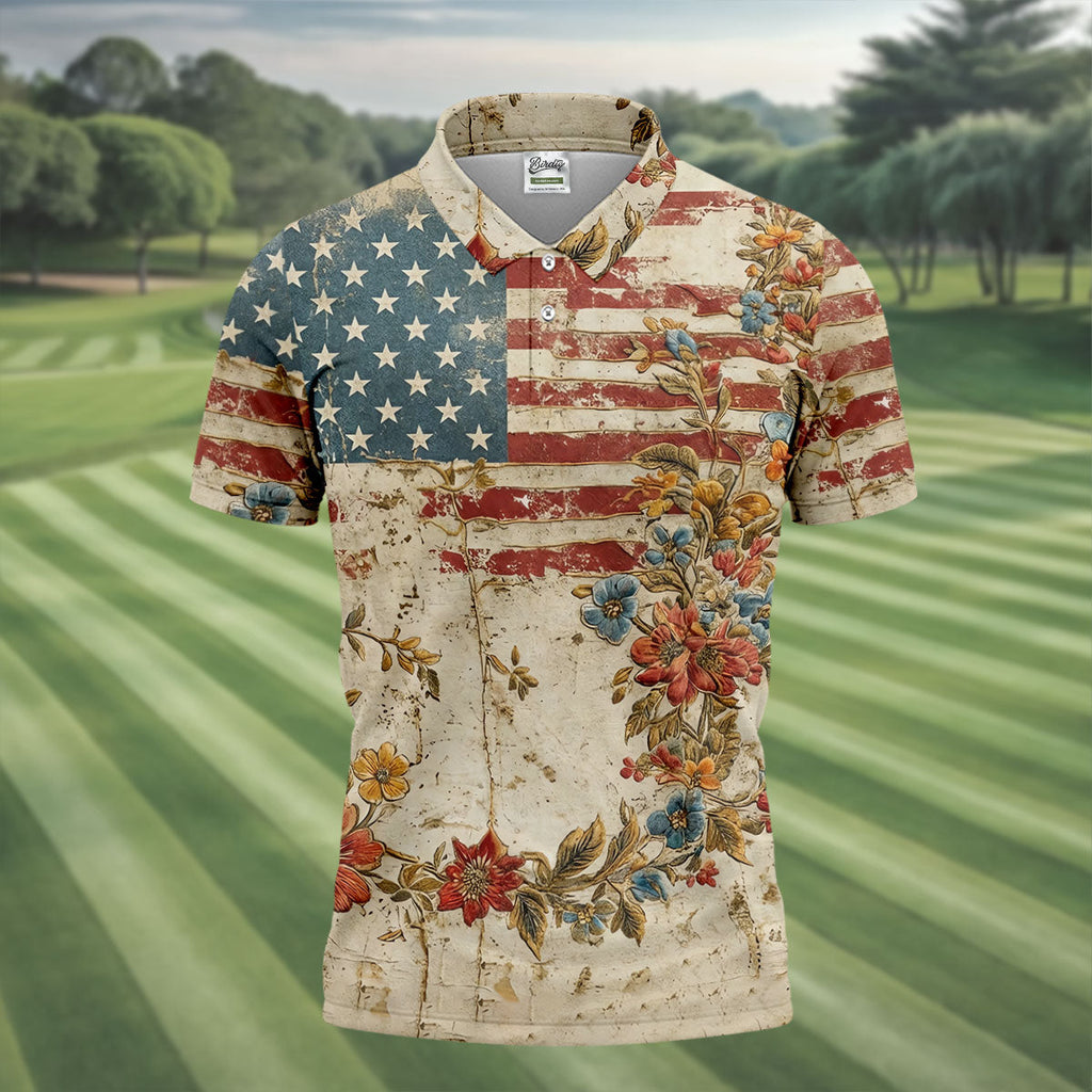 Floral American Flag Vintage Golf Shirt, 250 Years Patriotic 4th Of July Golf Shirts For Men