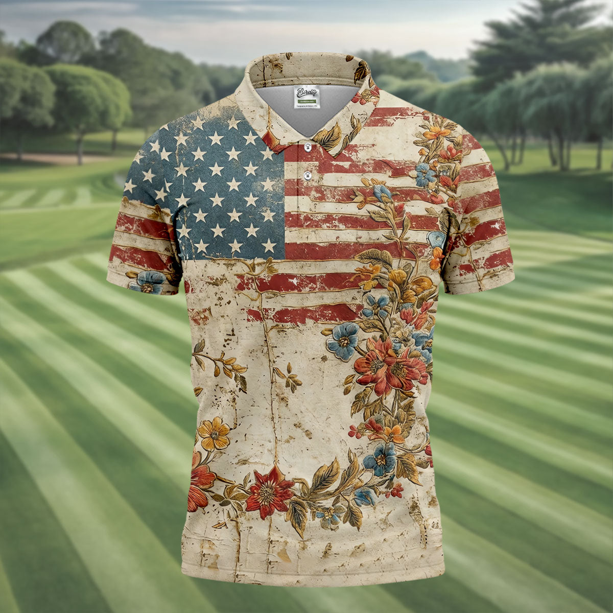 Floral American Flag Vintage Golf Shirt, 250 Years Patriotic 4th Of July Golf Shirts For Men