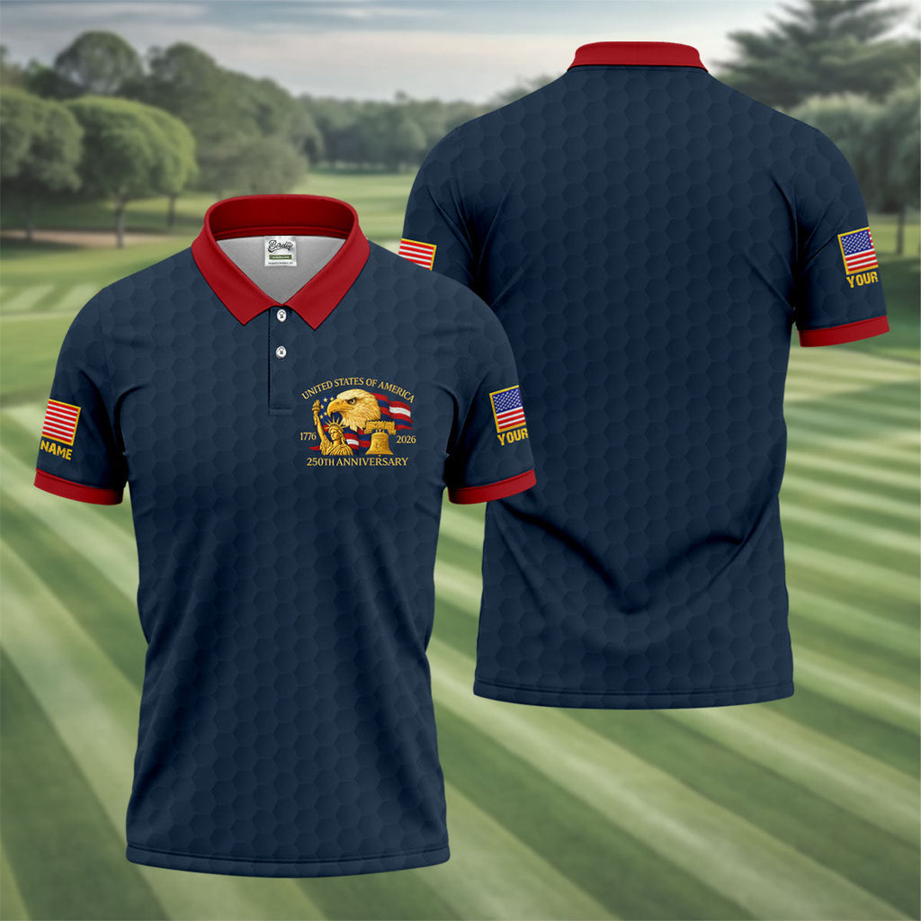 United States 250th Anniversary Patriotic Eagle Navy Custom Golf Shirts, 4th Of July Golf Shirts For Men