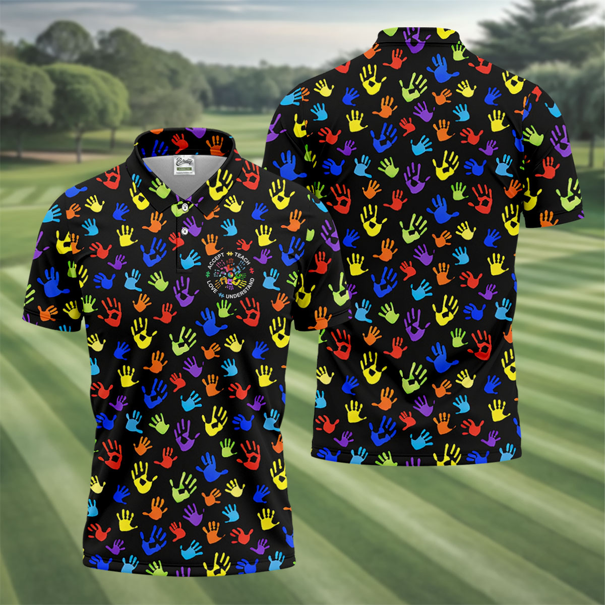 Accept Teach Understand Love Autism Awareness Colorful Handprint Black Golf Shirt, Golf Shirts For Men