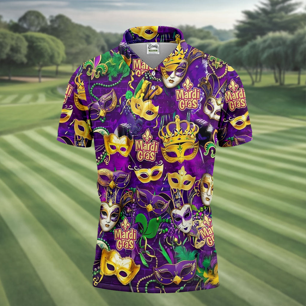 Purple Green Gold Festival Mask Mardi Gras Golf Shirt, Golf Tops For Men, Golf Shirts For Men