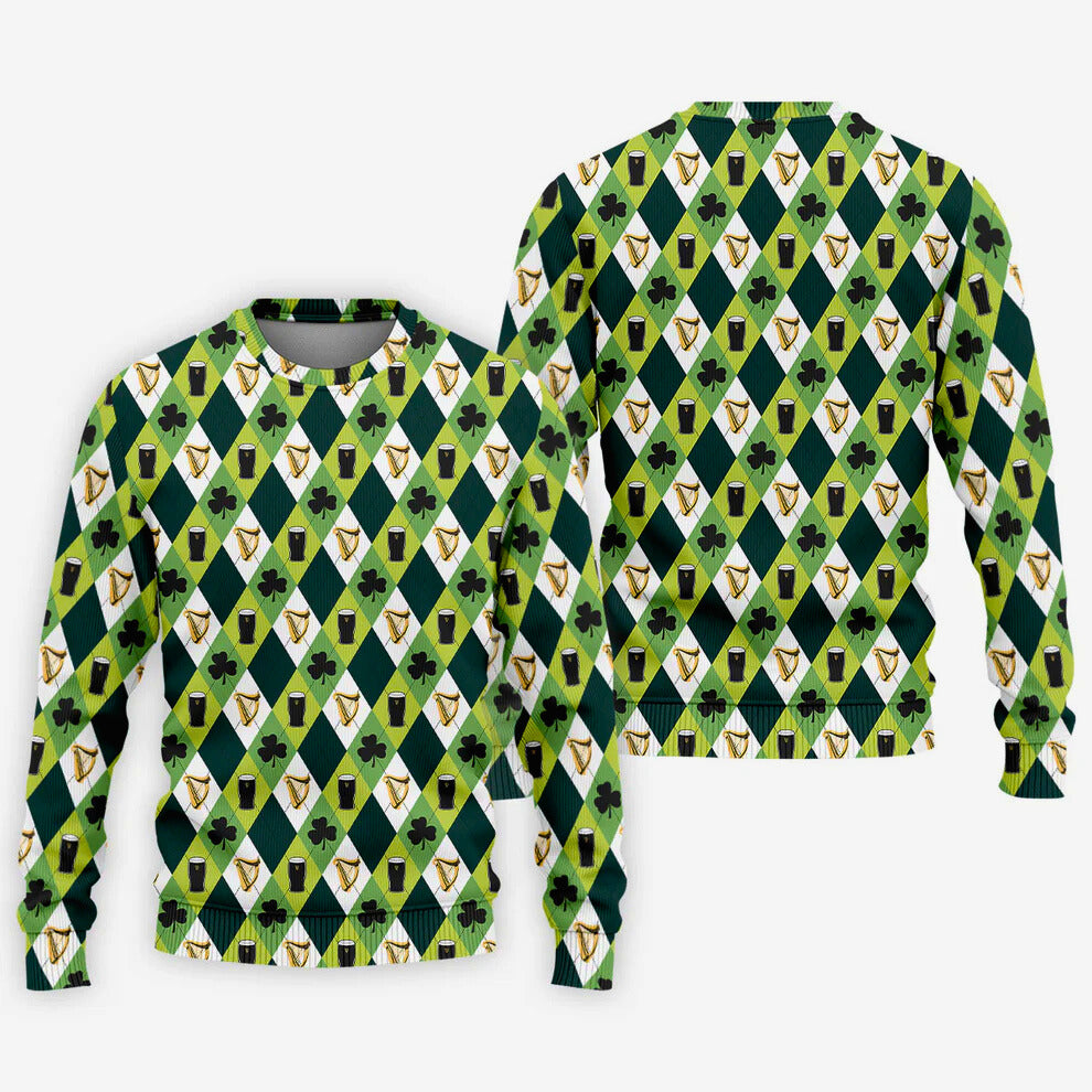 Men's St. Patrick's Day Golf Shirt, Green And White Argyle Pattern Beer