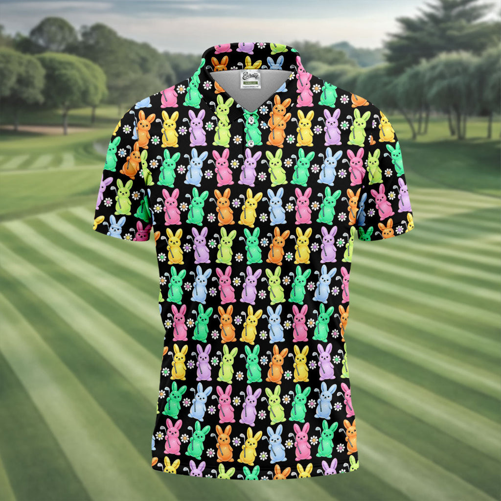 Colorful Easter Bunny Black Golf Shirt, Cute Golf Outfit, Golf Shirts For Men, Golf Gift For Men