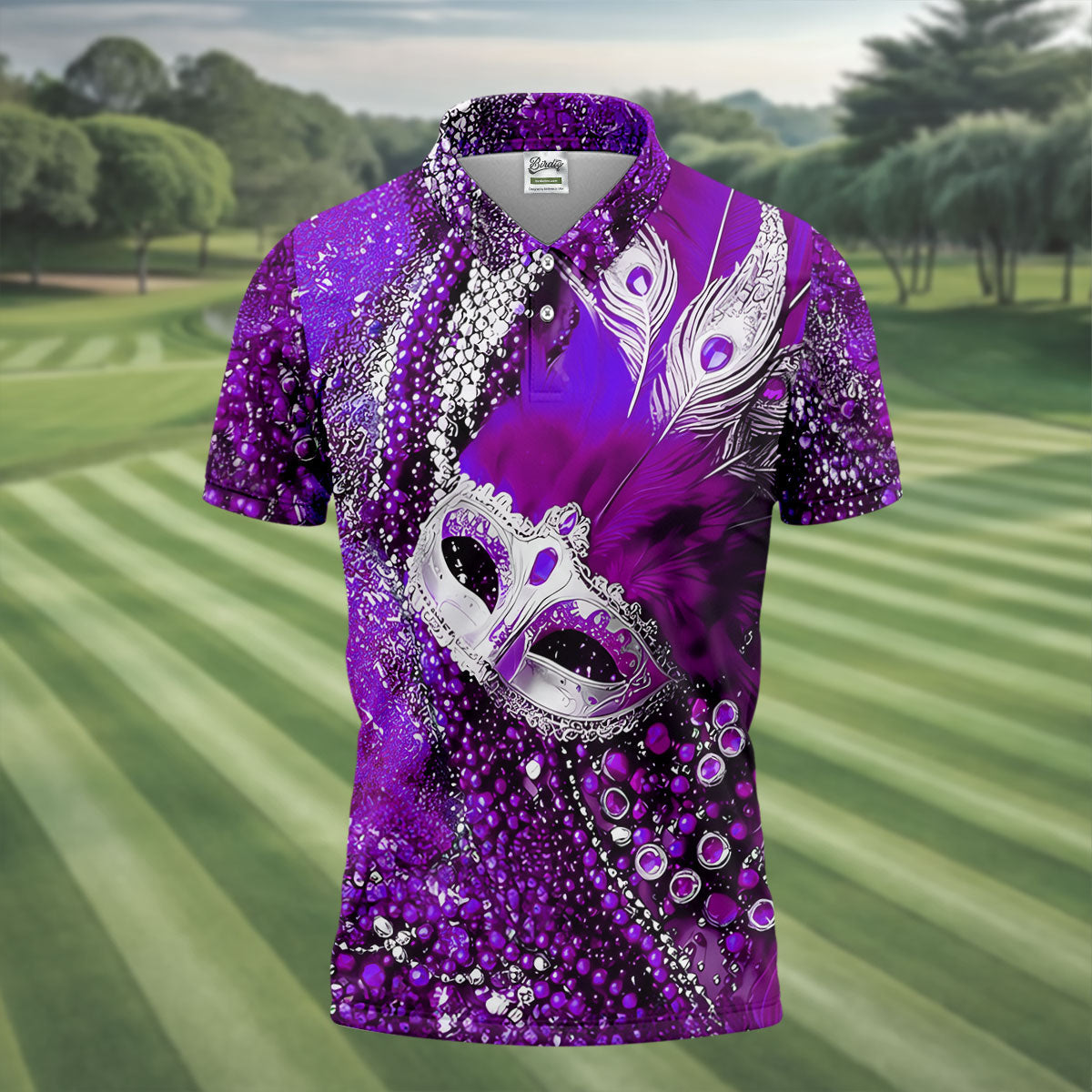 Mardi Gras Masquerade Mask Feather Beads Purple Golf Shirt, Polo Shirts For Men, Golf Shirts For Men