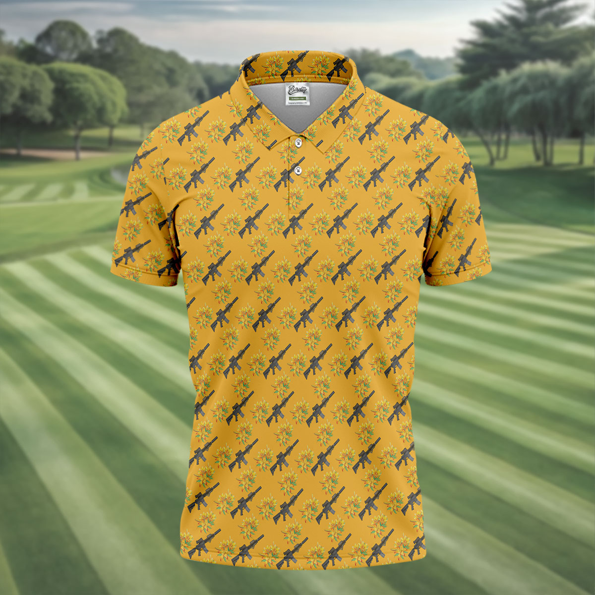 Gun And Flower Yellow Lily Flower Seamless Pattern Yellow Golf Shirt, Golf Tops For Men, Golf Shirts For Men
