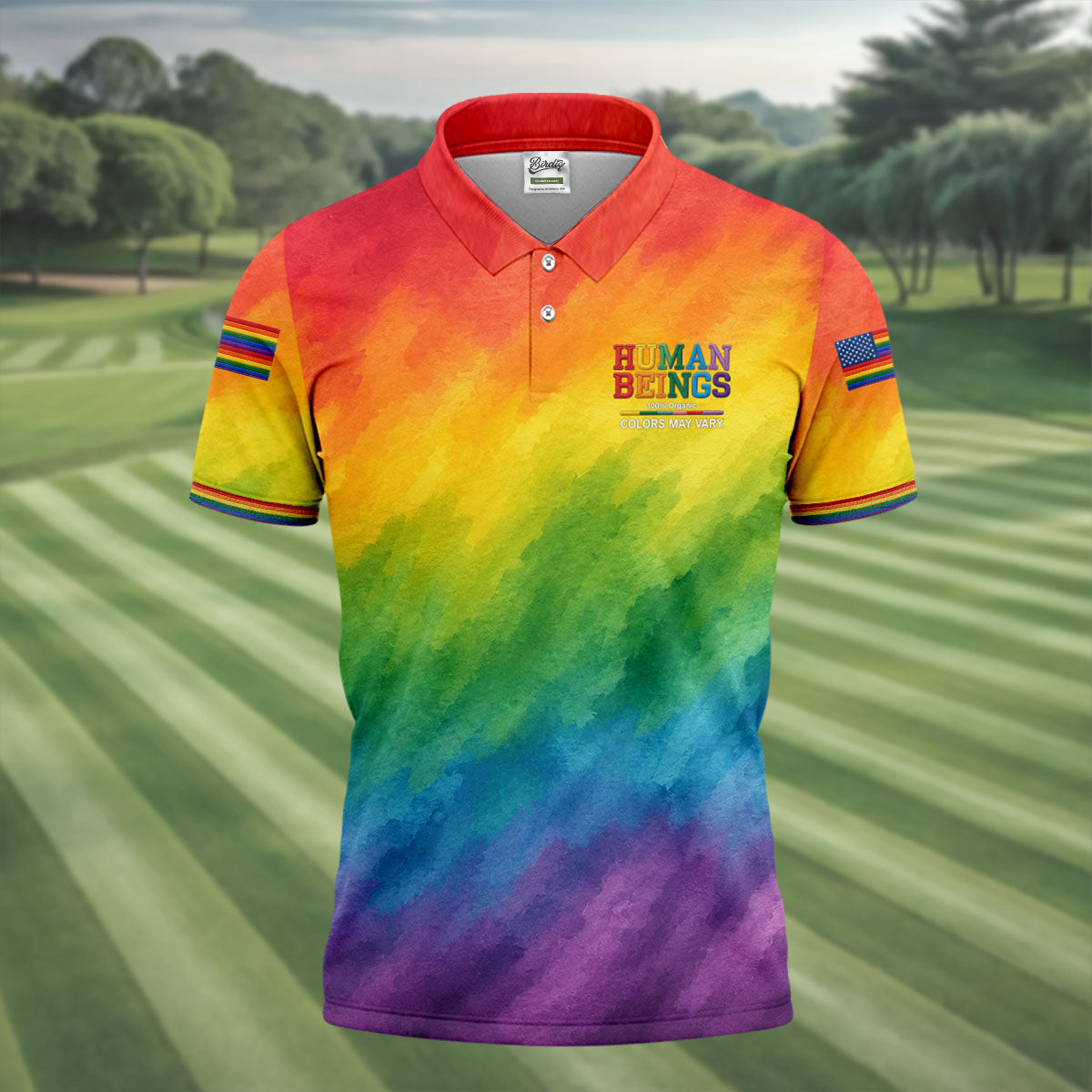 Human Beings LGBT Rainbow Golf Tops For Men, LGBT Pride Month Gradient Watercolor Polo Shirts For Men
