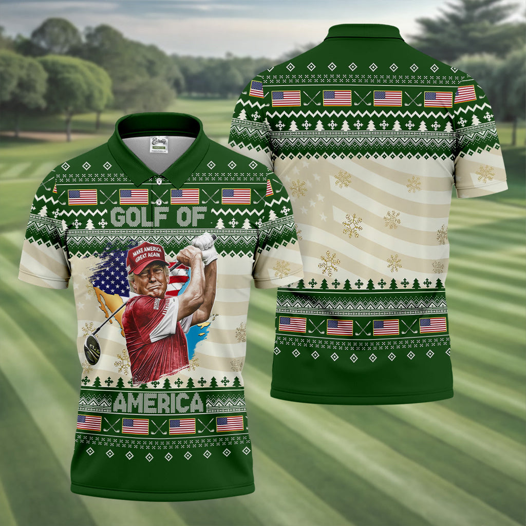 Trump Golf Of America Christmas Golf Shirt Men's Funny Golf Polo Shirts, Unique Gift For Golfer, Christmas Golf Gift