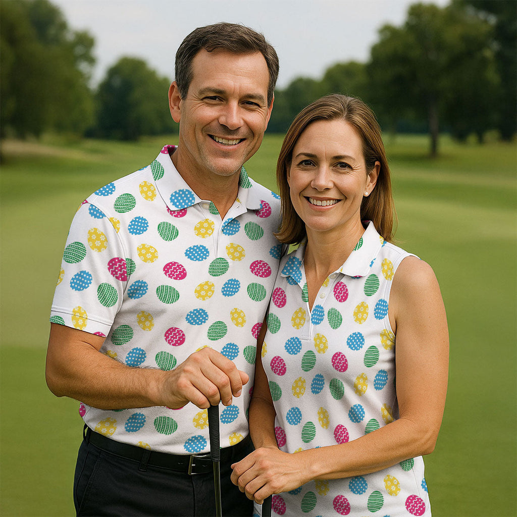 Colorful Easter Eggs White Golf Shirt, Cute Golf Outfit, Polo Shirts For Men, Golf Shirts For Men