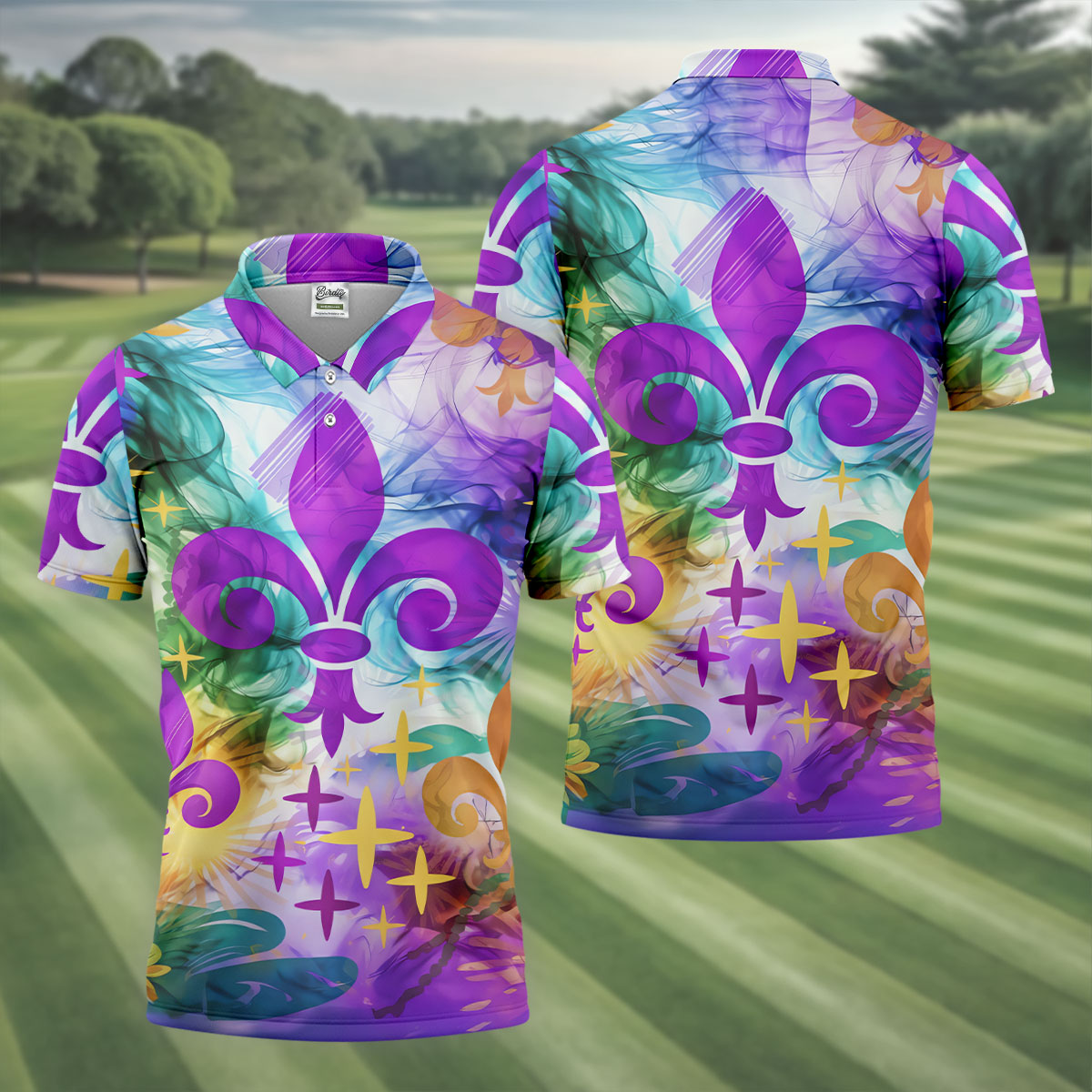 Mardi Gras Festival Fleur De Lis Symbol Purple Green Gold Polo Shirts For Men, Golf Shirts For Men