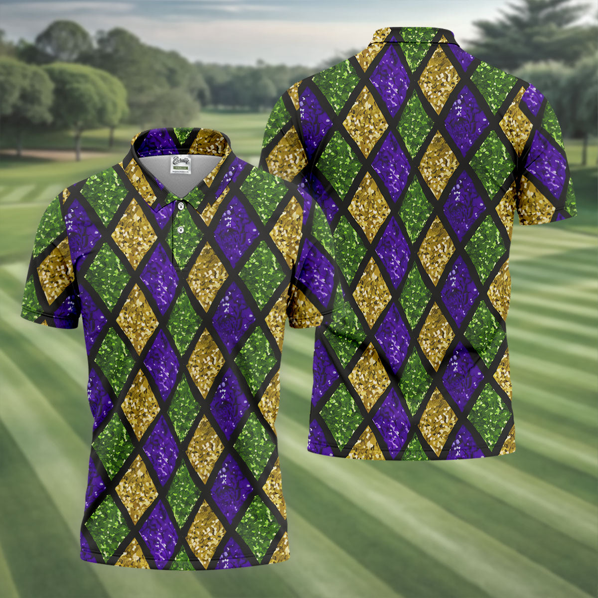 Green Purple Gold Argyle Pattern Sparkling Effect Mardi Gras Golf Shirt, Polo Shirts For Men, Golf Shirts For Men