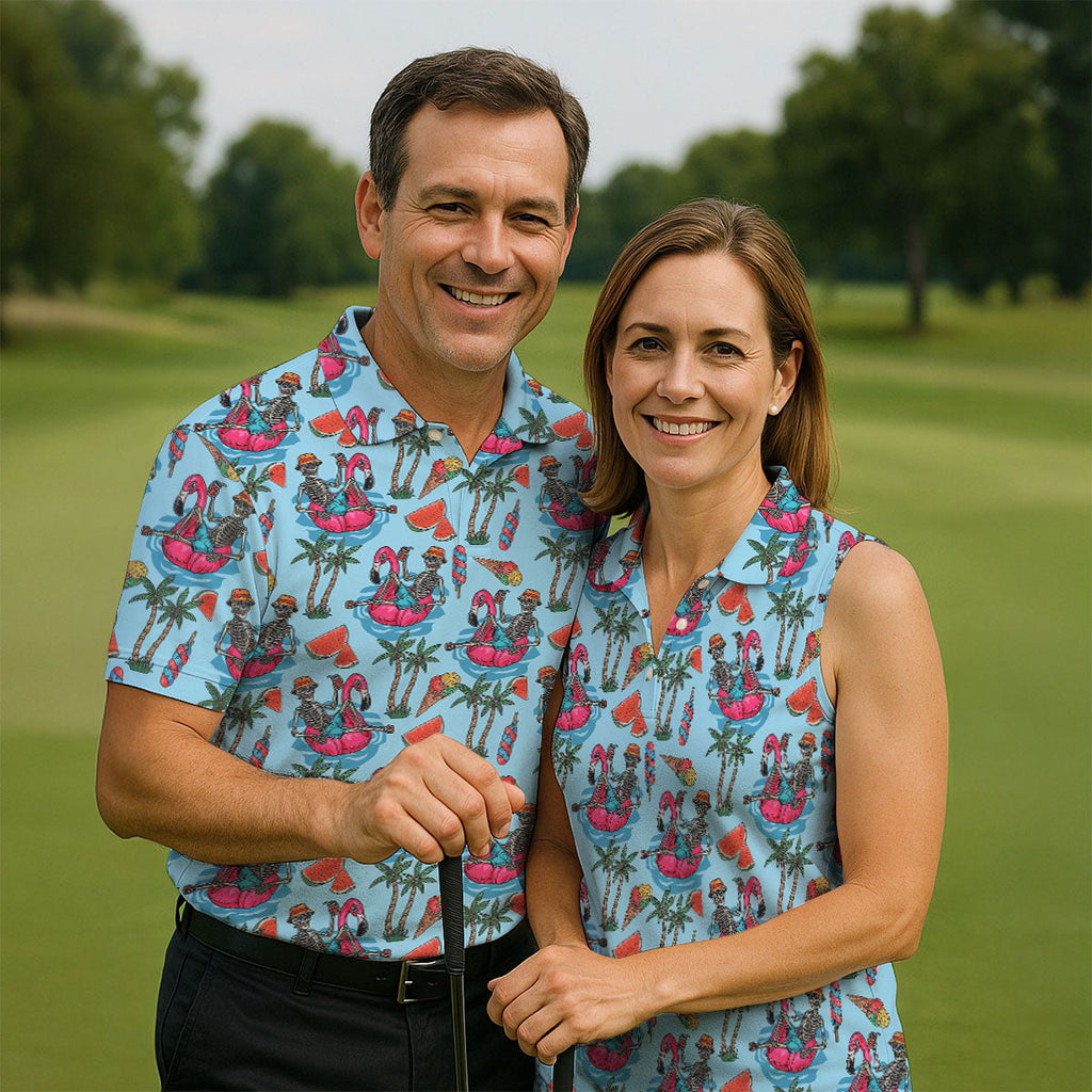Skeleton Flamingo Summer Vibe Retro Golf Shirt, Men's Funny Golf Shirts, Polo Shirts For Men, Golf Shirts For Men