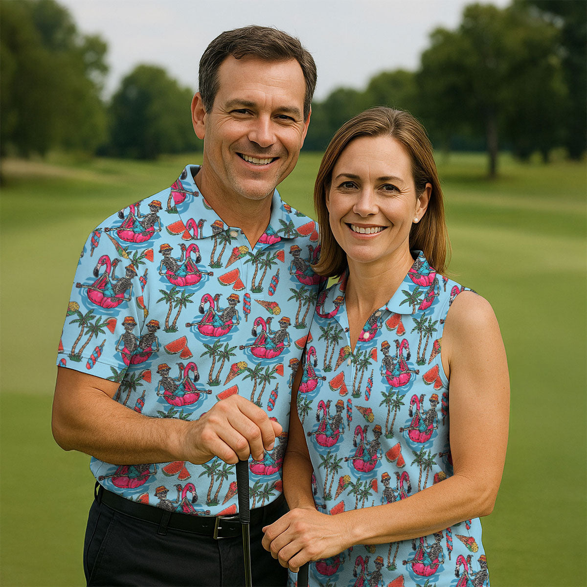 Skeleton Flamingo Summer Vibe Retro Golf Shirt, Men's Funny Golf Shirts, Polo Shirts For Men, Golf Shirts For Men