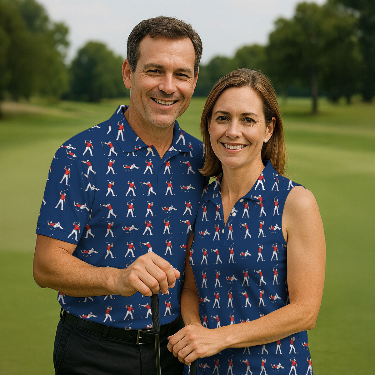 Cartoon Figures Golf Pose Navy Golf Shirt, Golf Tops For Men, Polo Shirts For Men, Golf Shirts For Men