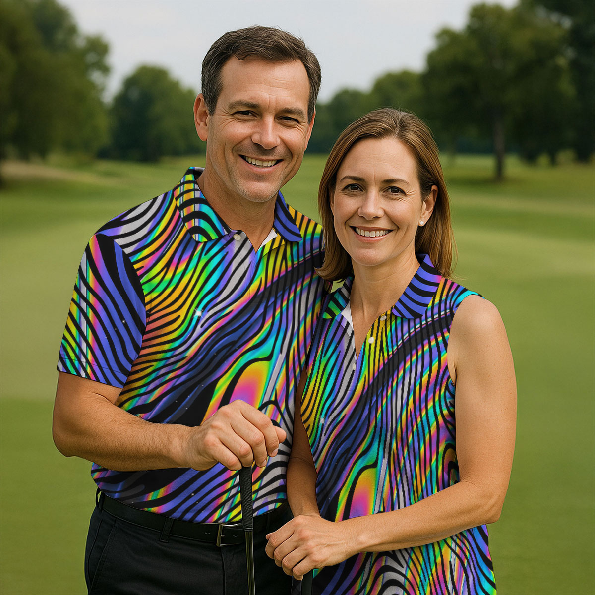 Rainbow Neon LGBT Support Zebra Pattern Golf Tops For Men, Pride Month Golf Shirts For Men