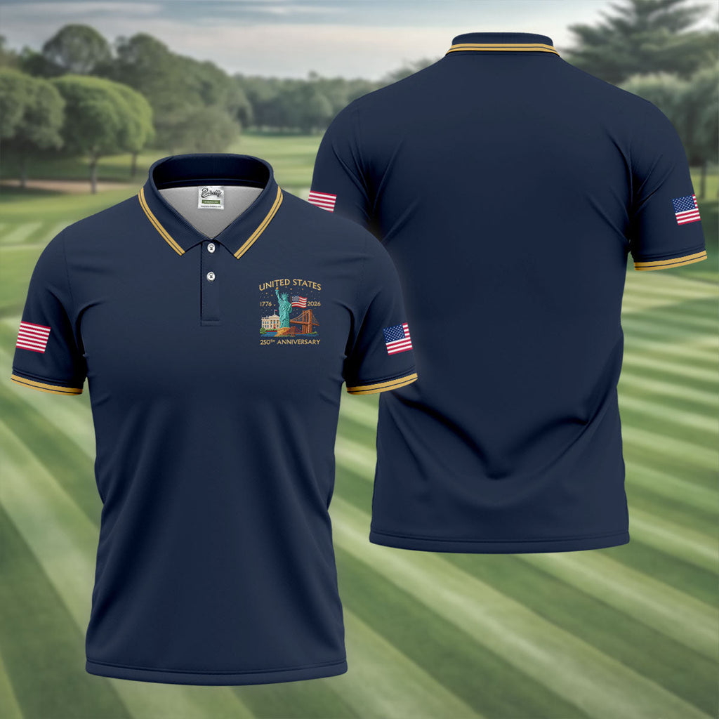 American Symbols Navy Patriotic Golf Shirt, US 250 Years 4th Of July Golf Shirts For Men