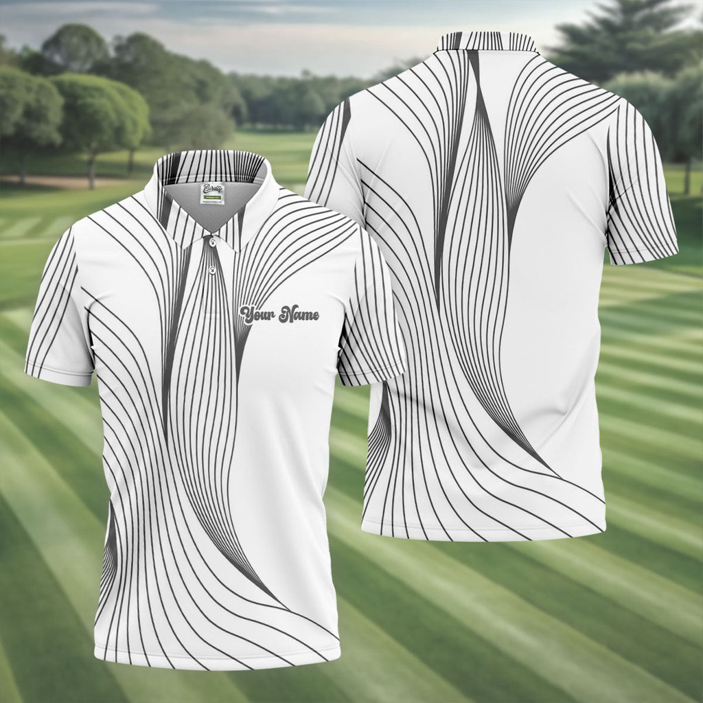 Geometric Line Wavy Line Black And White Custom Name Golf Shirts For Men, Men's Golf Shirt, Polo Shirts For Men