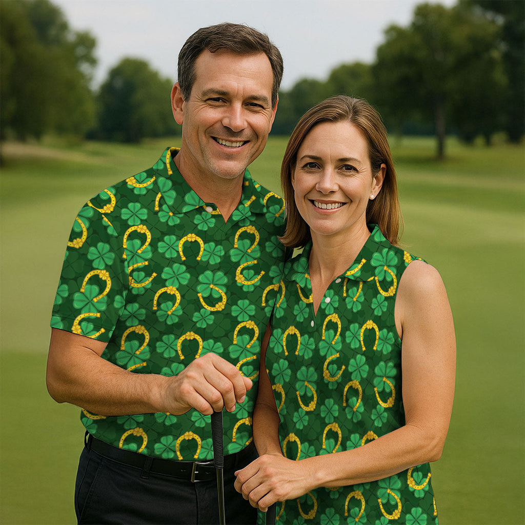 Four Leaf Clovers Golden Horseshoes St Patrick's Day Golf Shirt, Polo Shirts For Men, Golf Shirts For Men