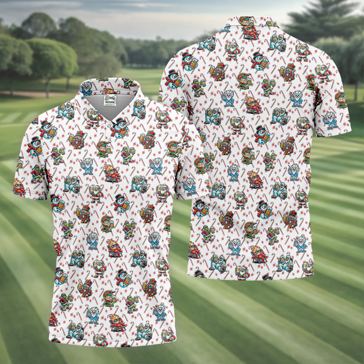 Christmas Character Beer Candy Cane Pattern Golf Tops For Men, Christmas Golf Shirt, Polo Shirts For Men