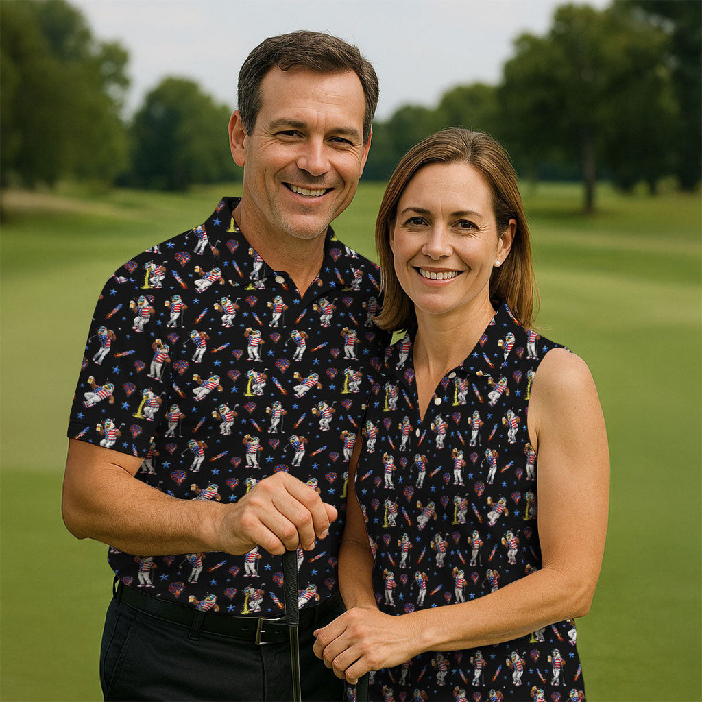 Patriotic Eagle Golf And Beer Funny 4th Of July Black Golf Shirt, 250th Anniversary Golf Shirts For Men