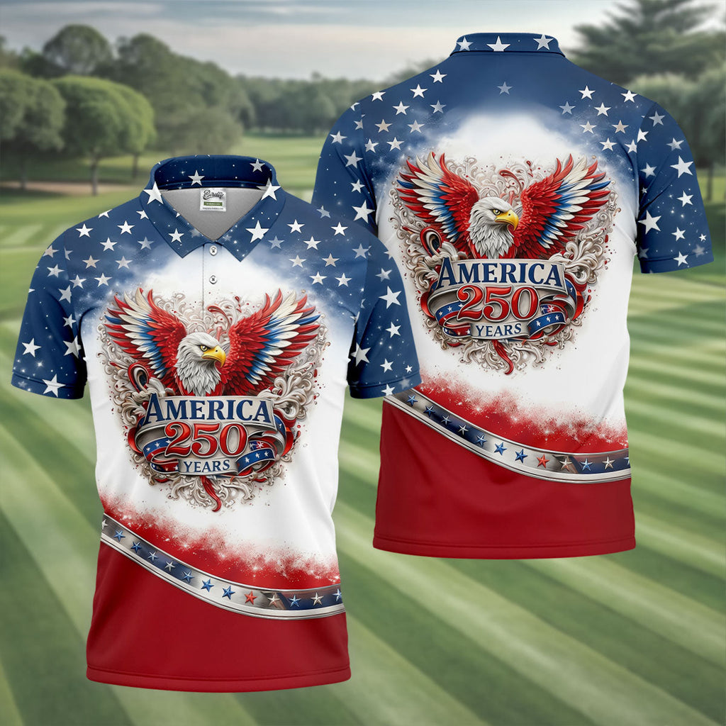 Bald Eagle Red White Blue Patriotic Stars 4th Of July Golf Shirt, 250 Years Golf Shirts For Men