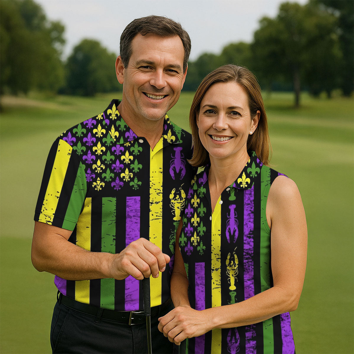 Mardi Gras Flag Fleur-De-Lis Symbol Crawfish Pattern Golf Tops For Men, Polo ShirtFor Men, Golf Shirts For Men