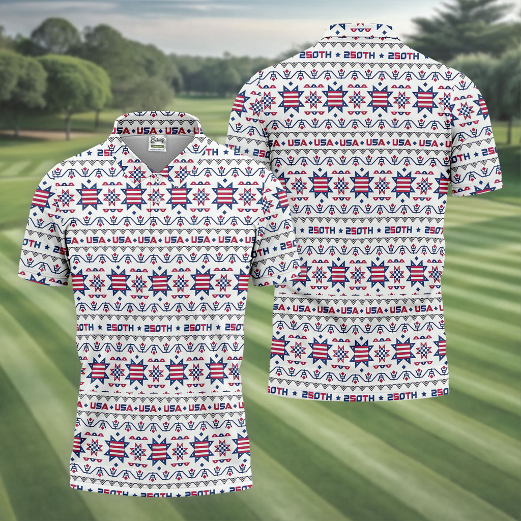 Red White Blue Ohio Star Quilt Pattern 4th Of July Golf Shirts For Men, 250th Anniversary Patriotic Golf Shirt