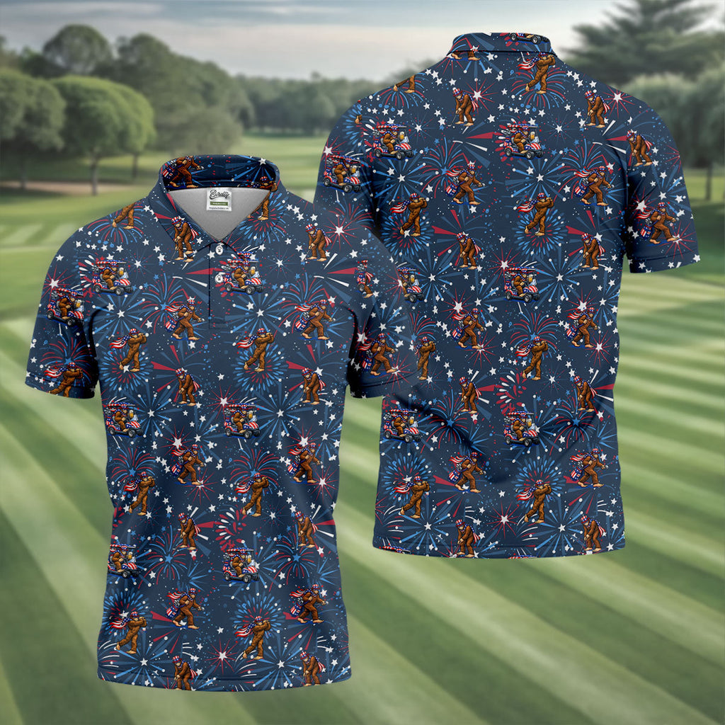 Funny Bigfoot Golf Pose Festive Vibe Navy 4th Of July Golf Shirts For Men, 250th Anniversary Patriotic Golf Shirt