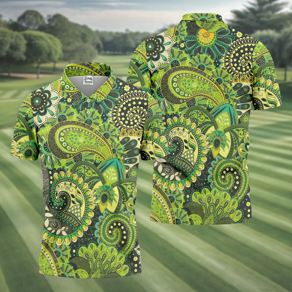 Paisley Print Green Golf Shirt, Golf Tops For Men, Polo Shirts For Men, Golf Shirts For Men