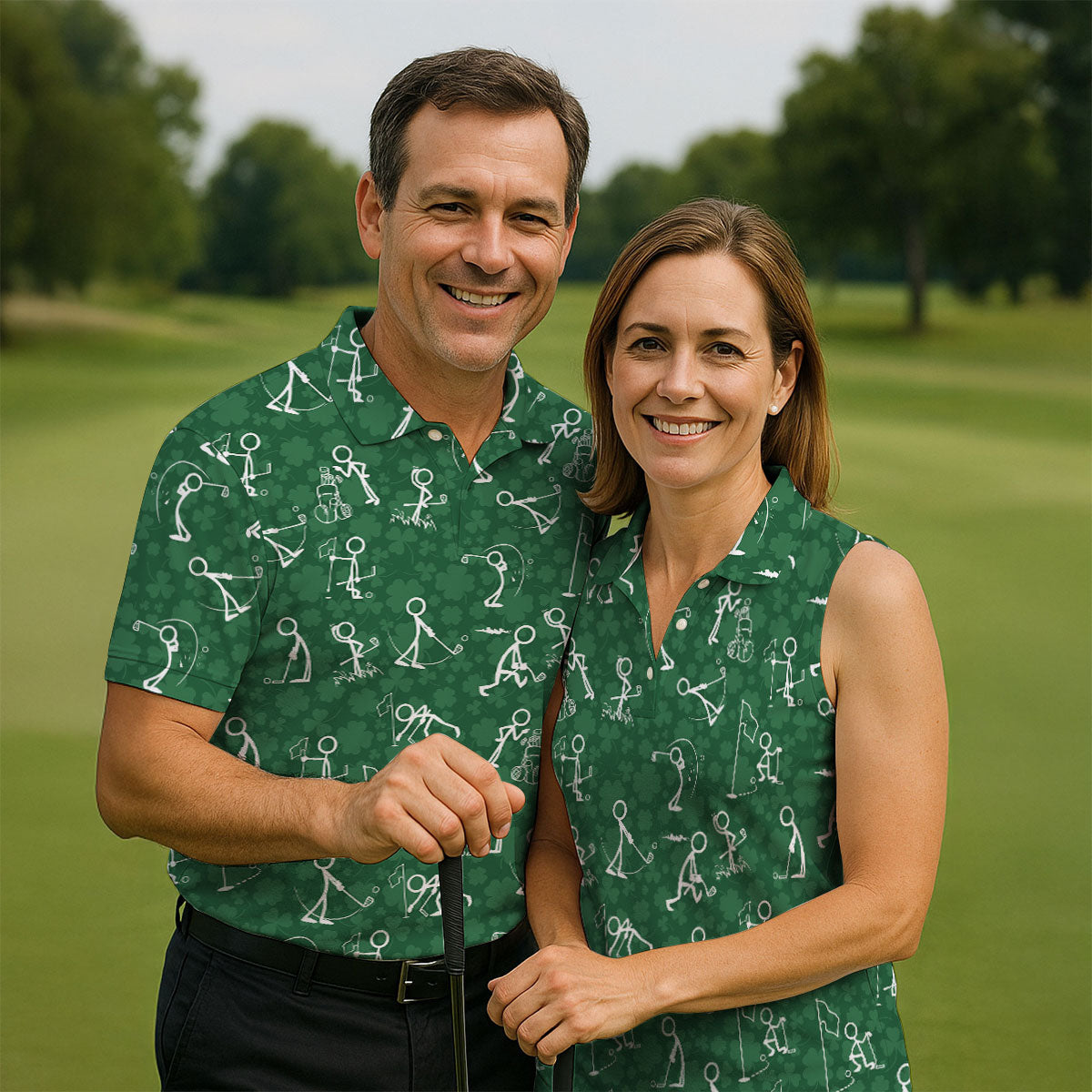 Stick Figure Golf Pose Shamrock Golf Shirt, St Patrick's Day Golf Tops For Men, Polo ShirtFor Men