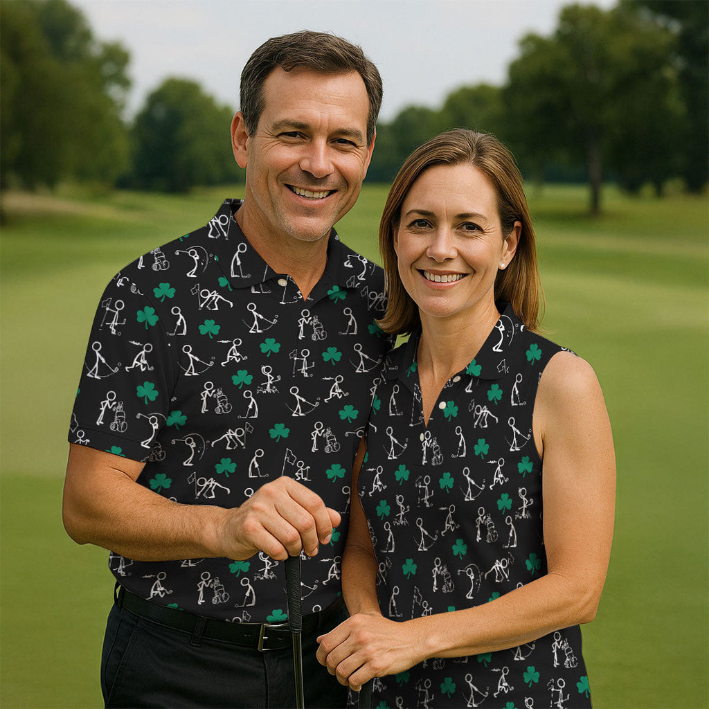 Stick Figure Golf Pose St Patrick's Day Shamrock Black Golf Shirt, Polo Shirts For Men, Golf Shirts For Men