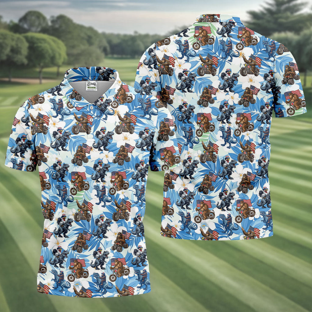 Patriotic Bald Eagle Funny T-Rex Bigfoot Hawaiian Golf Shirt, 250 Years 4th Of July Golf Shirts For Men