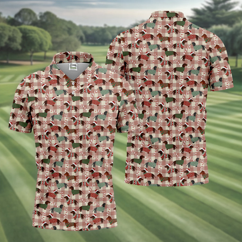 Christmas Dachshund Pink Checkered Golf Tops For Men, Christmas Golf Shirt, Polo Shirts For Men