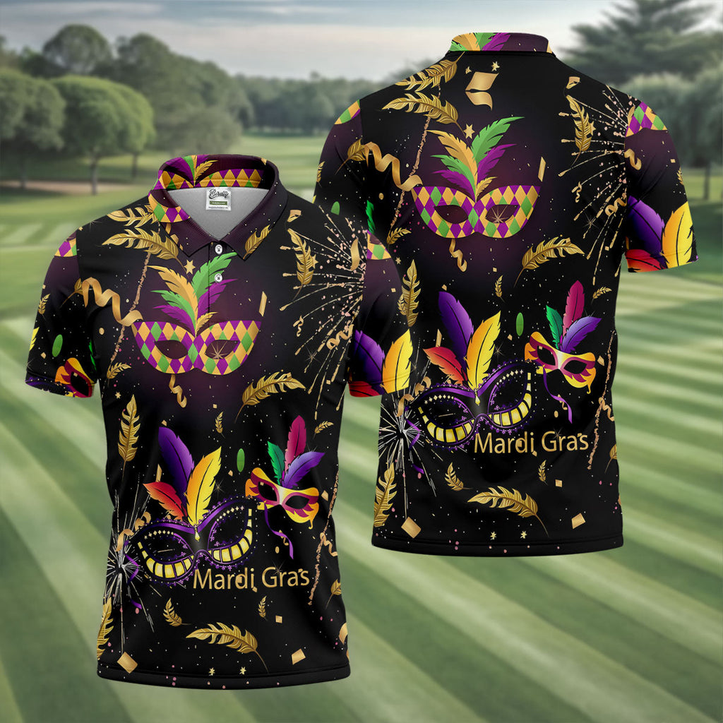 Gold Ribbons Mardi Gras Masquerade Mask Golf Tops For Men, Polo Shirts For Men, Golf Shirts For Men
