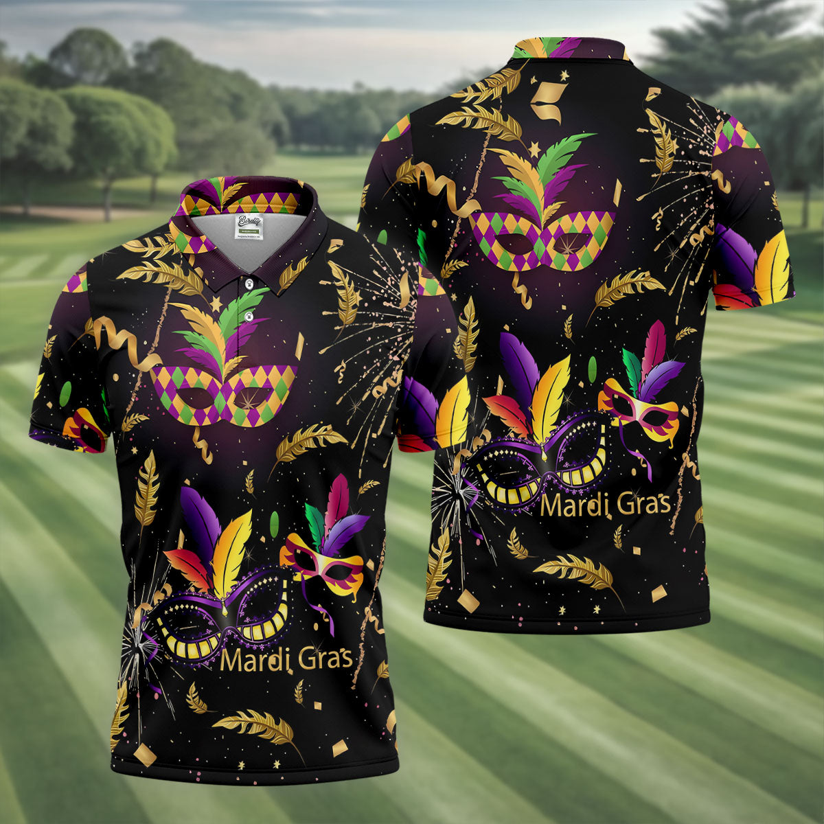 Gold Ribbons Mardi Gras Masquerade Mask Golf Tops For Men, Polo Shirts For Men, Golf Shirts For Men