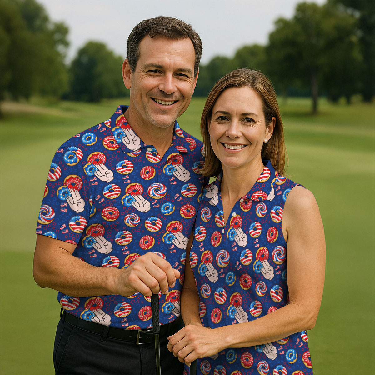 Donut Finger Funny Dirty American Flag Pattern Blue Golf Shirts For Men, 250th Anniversary Patriotic Golf Shirt