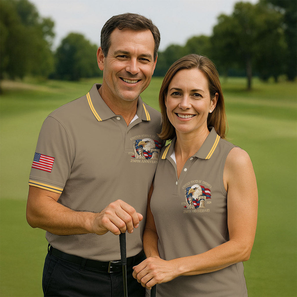 Bald Eagle American Flag 250 Years Sand Golf Shirt, Patriotic 4th Of July Golf Shirts For Men