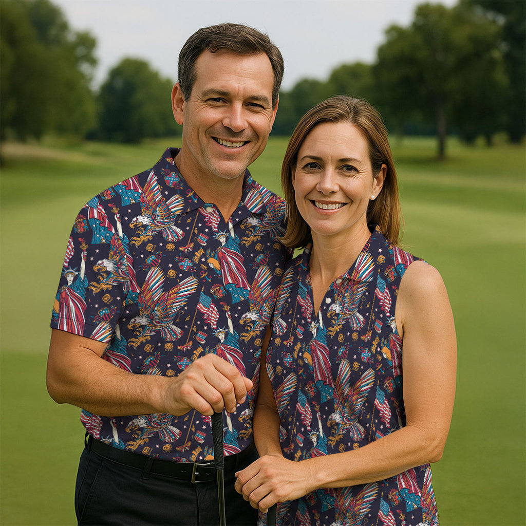 Patriotic American Eagle With Flag Statue Of Liberty Pattern 250th Anniversary Golf Shirts For Men